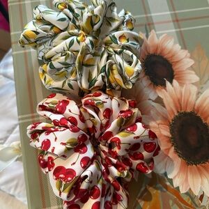 Fruit Print Satin Scrunchie Set — Cherry & Lemon